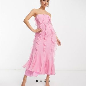 ASOS DESIGN ruffle bandeau midaxi dress with tie waist in pink